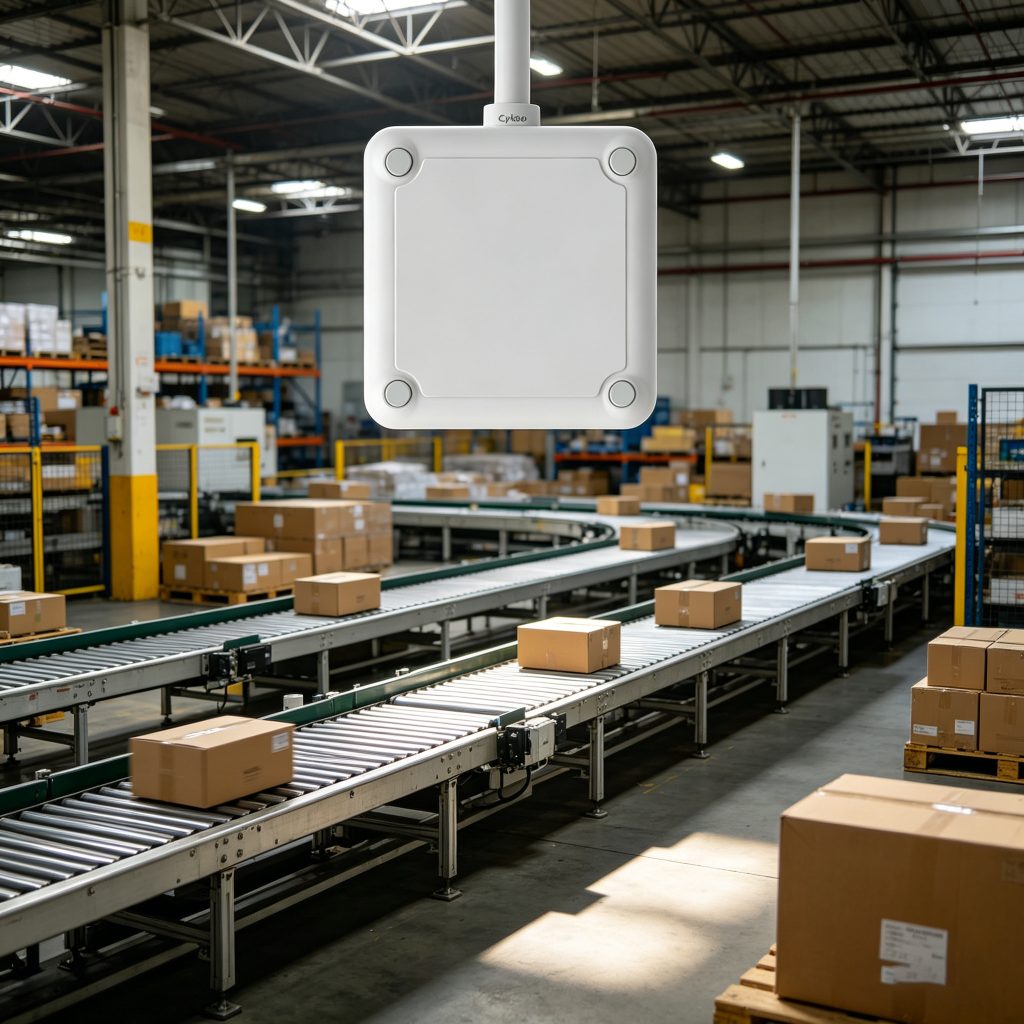 Fixed RFID reader scanning multiple passive tags on conveyor system