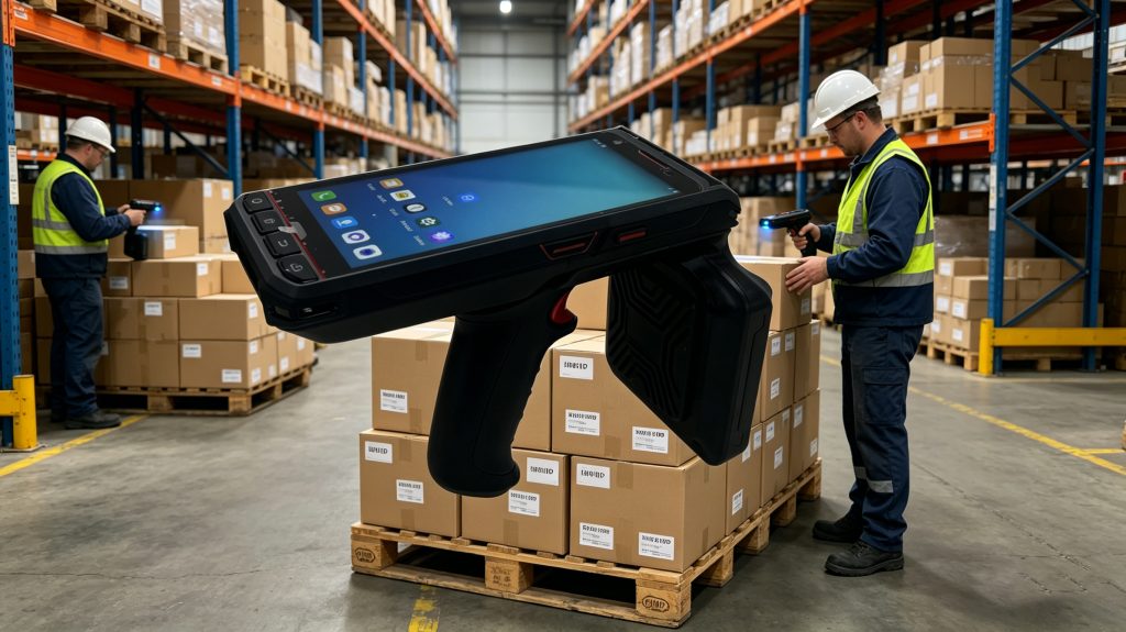 UHF RFID reader activating passive tags on pallets in warehouse