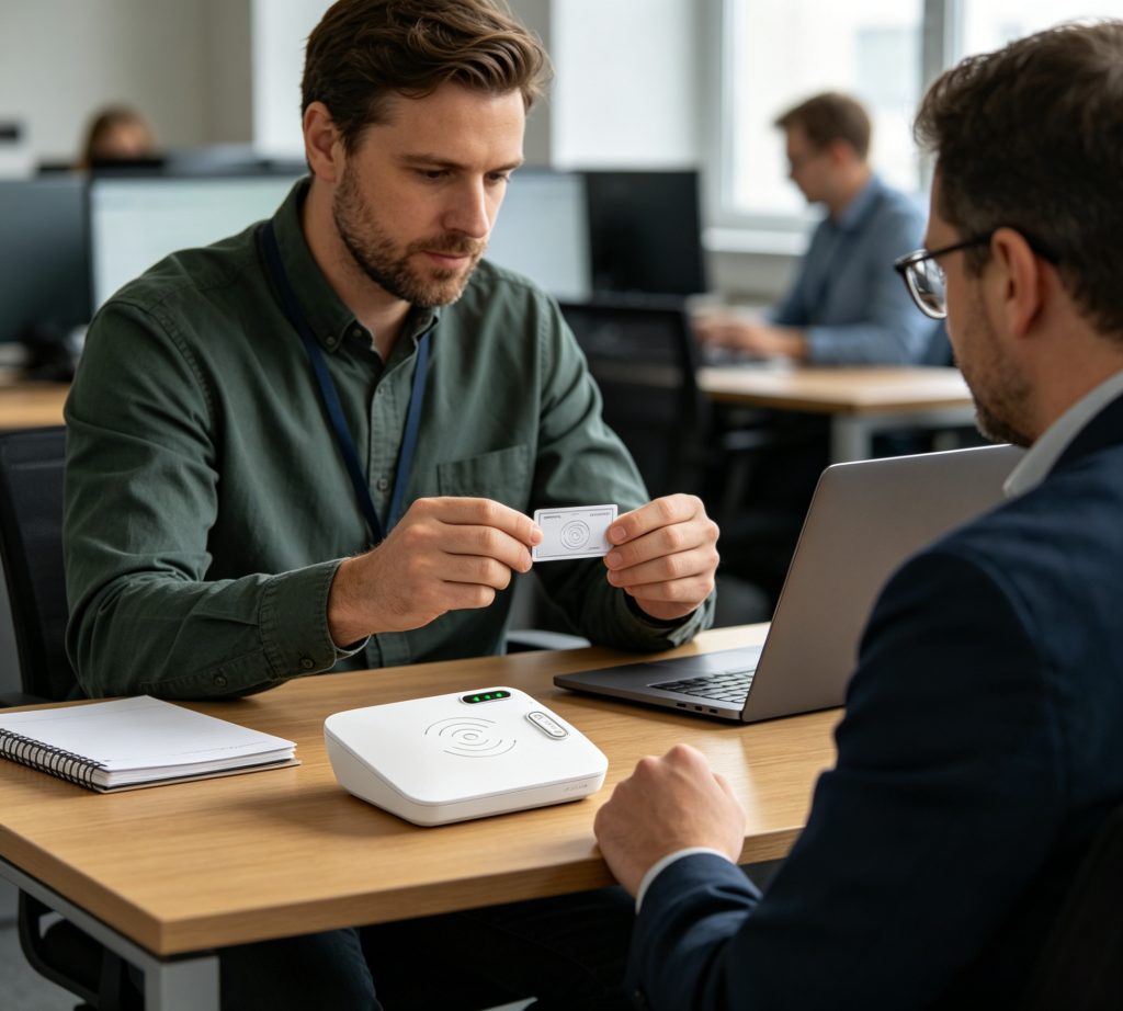 technician repeatedly testing rfid blocker with reader
