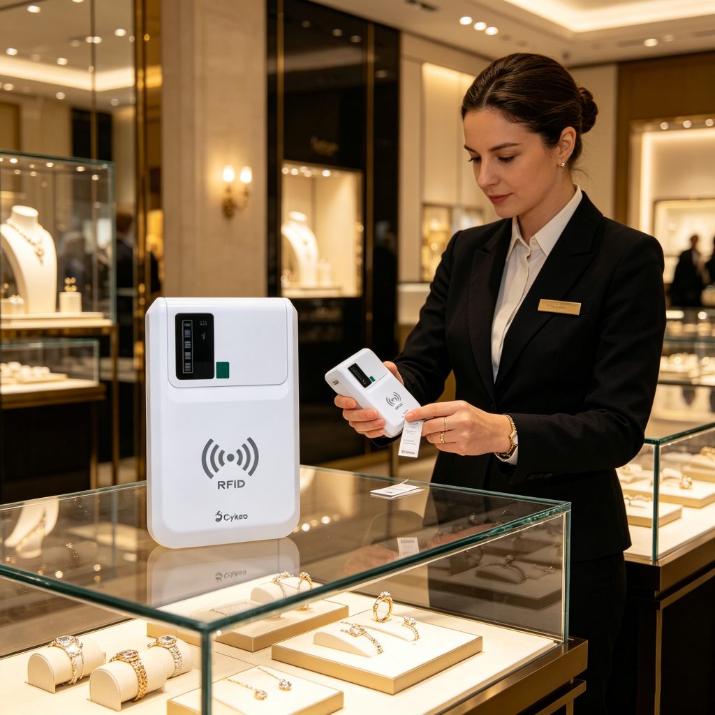 RFID reader scanning tagged jewelry items in retail store