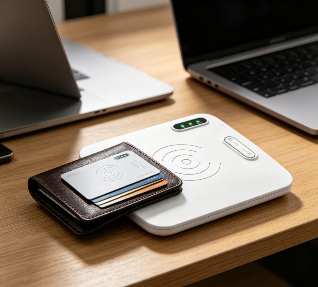 rfid card inside blocker wallet being tested on reader