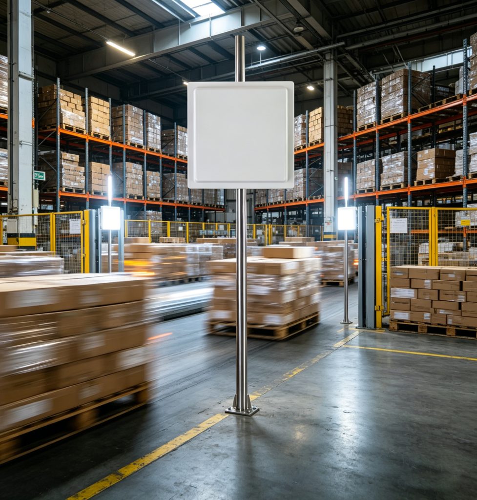 RFID gate reader scanning multiple tagged boxes in motion