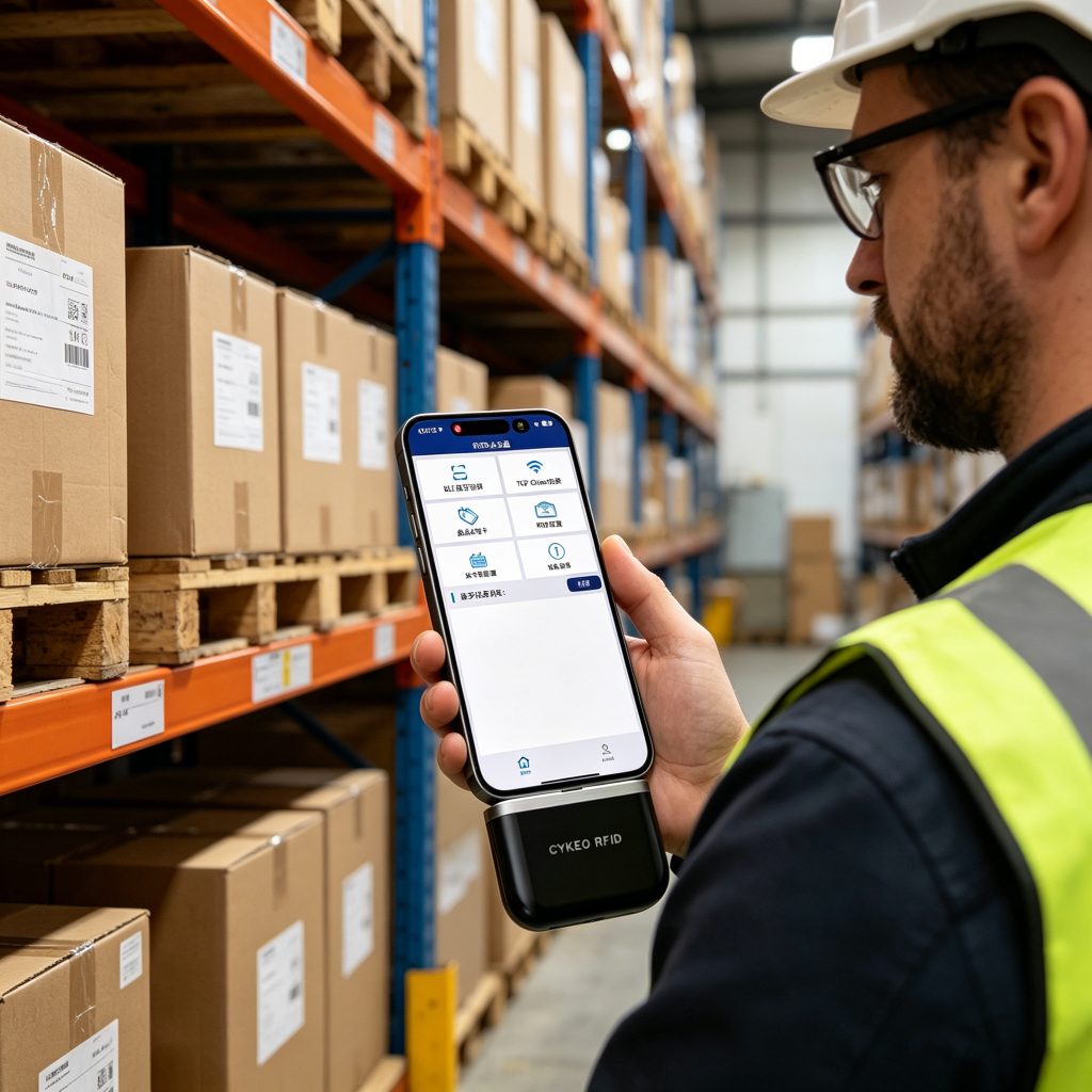 worker using android phone with rfid reader scanning inventory tags