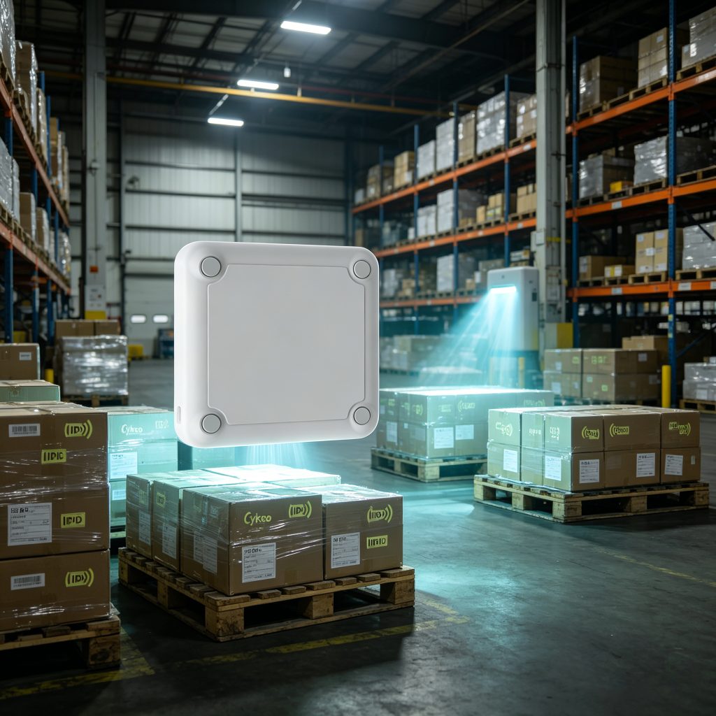 RFID reader scanning inventory tags in warehouse
