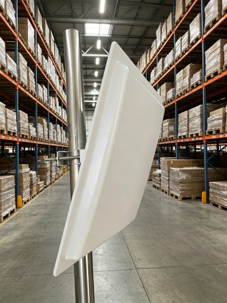 RFID reader scanning pallets at long distance warehouse aisle