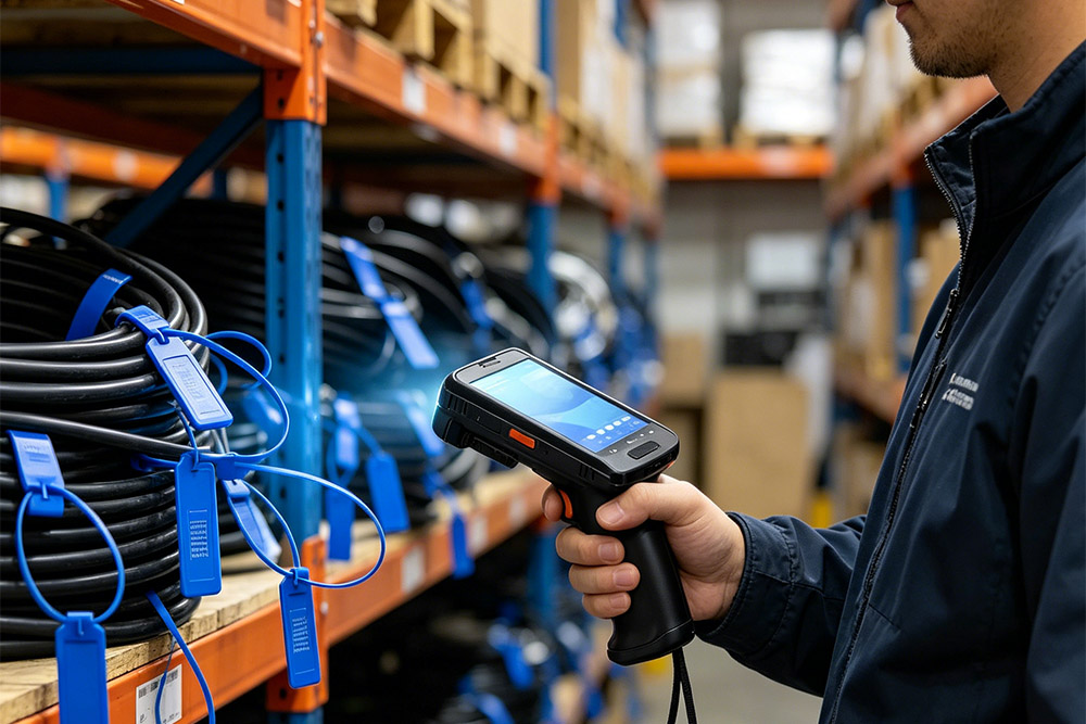 rfid handheld reader scanning multiple cable tie tags for inventory management