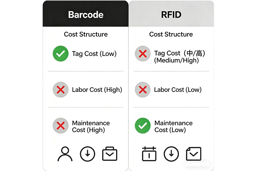 RFID Cable Tag Price Guide: What Affects Cost and How to Save on Bulk Orders 1 comparison of rfid cable tag cost and barcode cost including labor and maintenance expenses