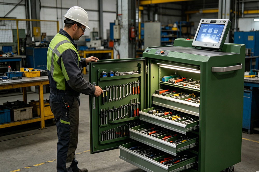 worker using rfid tool cabinet with badge access