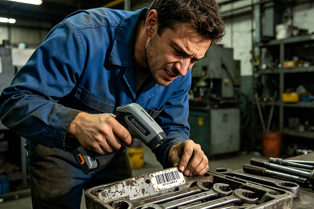 worker scanning barcode on industrial tools manually