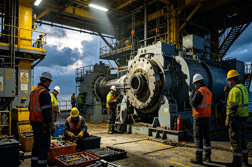 oil and gas workers managing tools in industrial site