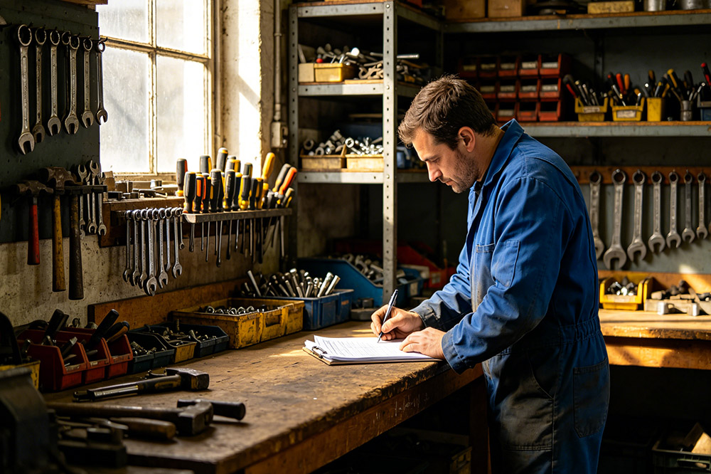 manual tool room with shelves and logbook tracking