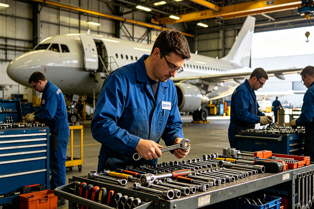 aerospace technicians managing tools in maintenance hangar