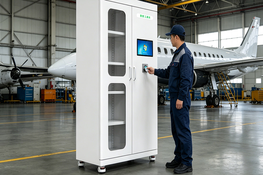 technician accessing rfid tool cabinet in mro facility