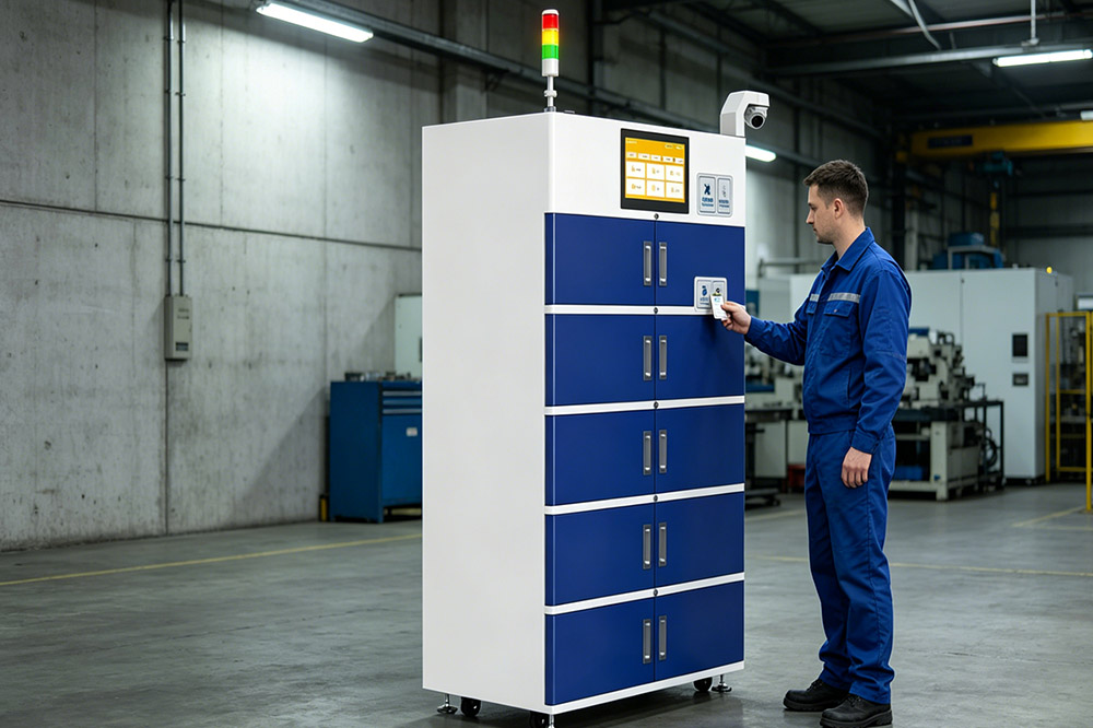 worker accessing rfid tool cabinet with authorization