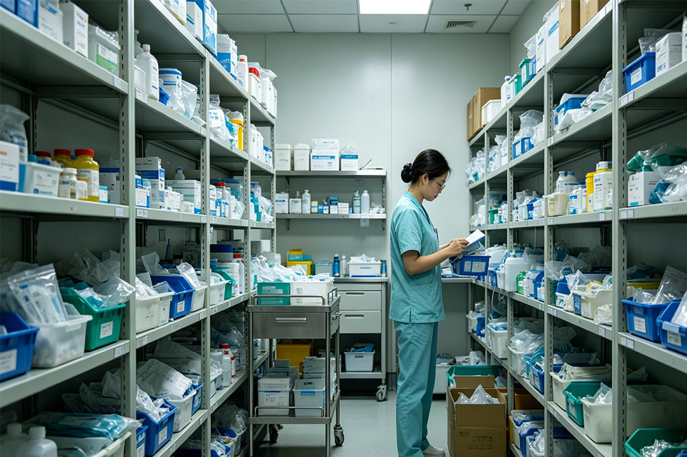 manual hospital storage with shelves and supplies