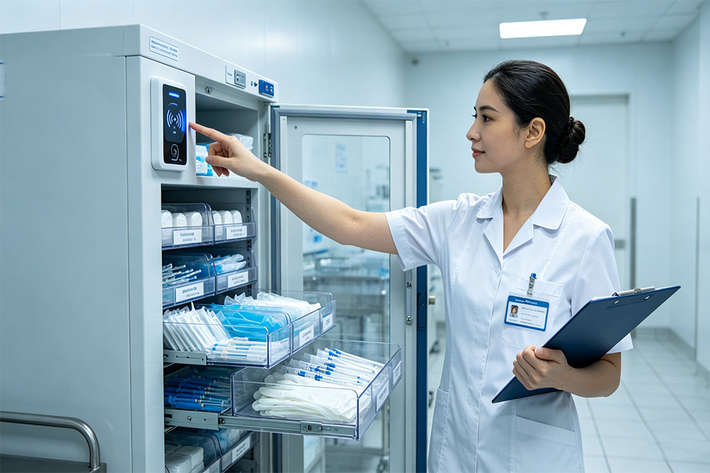 nurse using rfid medical cabinet for controlled access