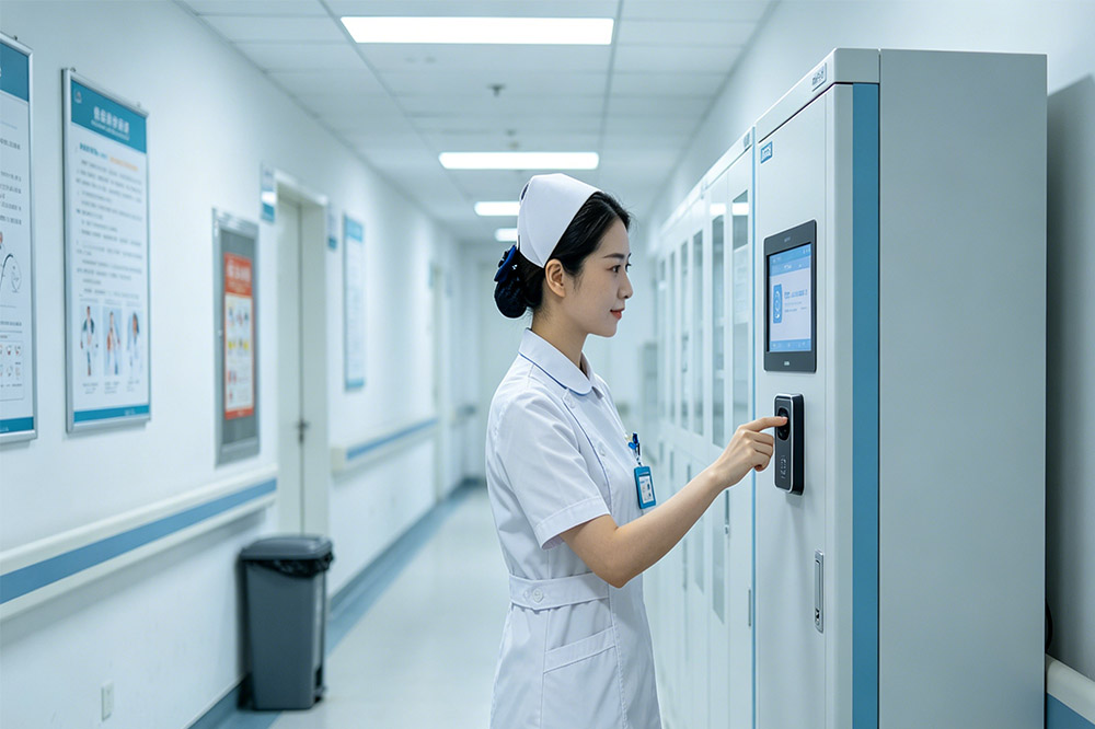 nurse using rfid medical cabinet in hospital workflow