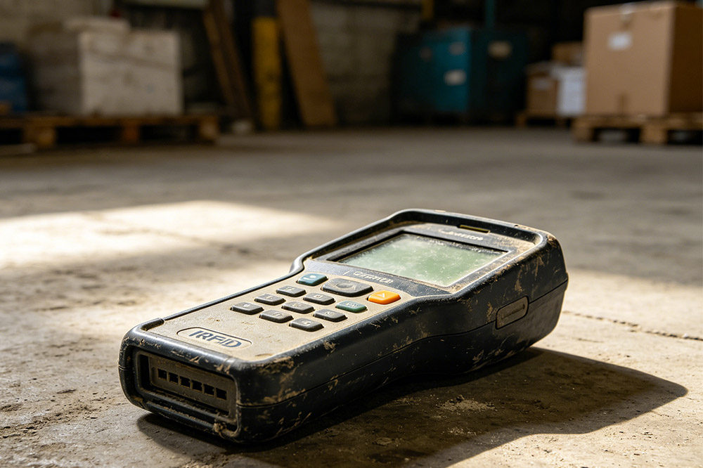 rugged rfid handheld reader on concrete floor industrial environment