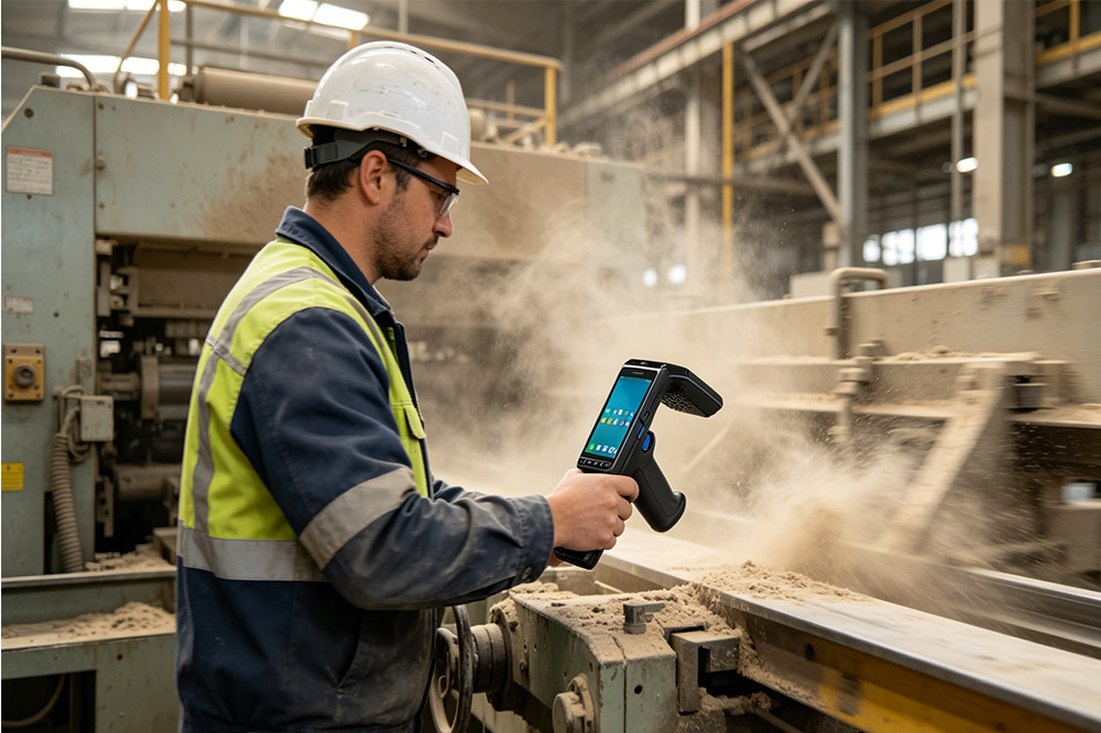 rfid handheld reader used in factory with machinery industrial environment