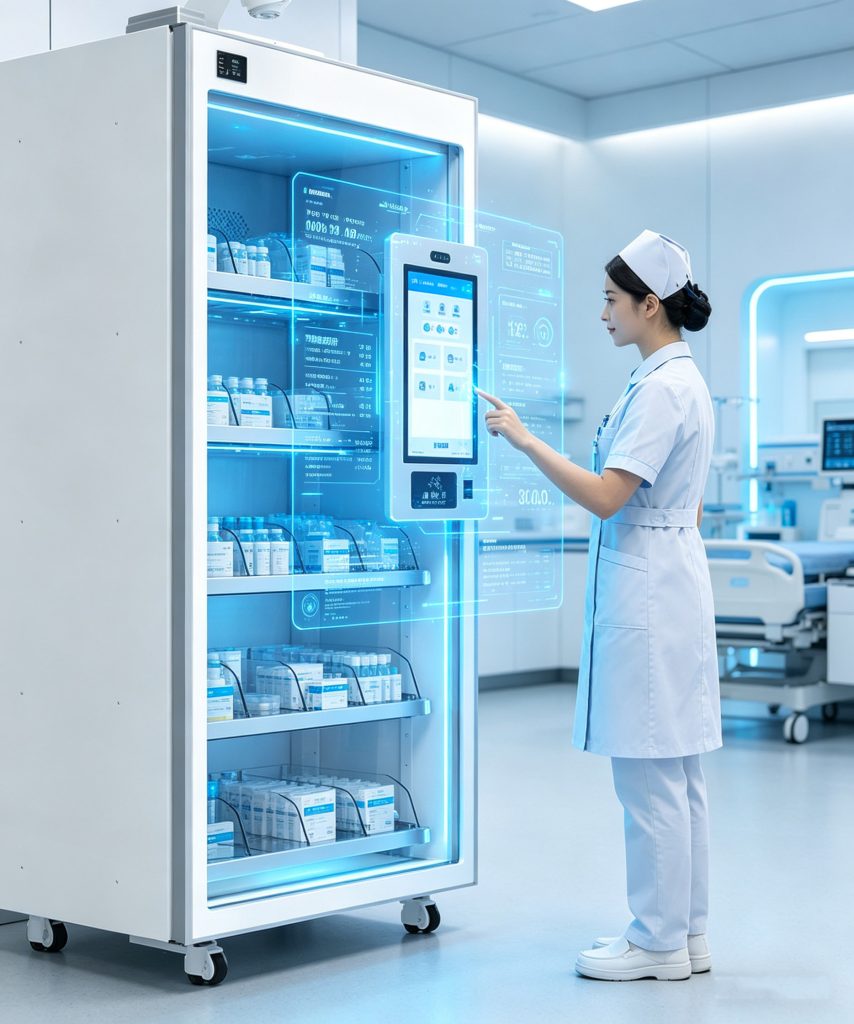 RFID medical cabinet automatically scanning and tracking hospital supplies in real time