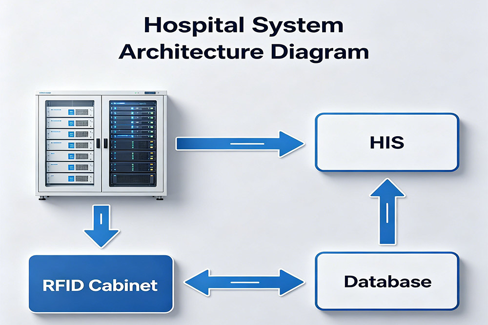 hospital IT system architecture showing RFID cabinet integration with HIS and ERP systems