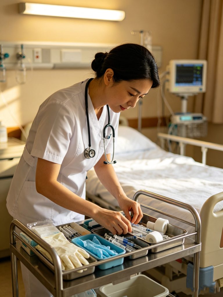 nurse searching for missing hospital equipment