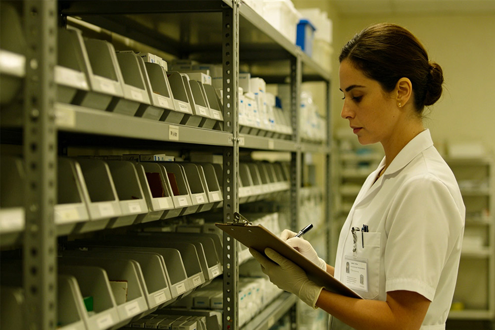 hospital inventory shelves with missing supplies