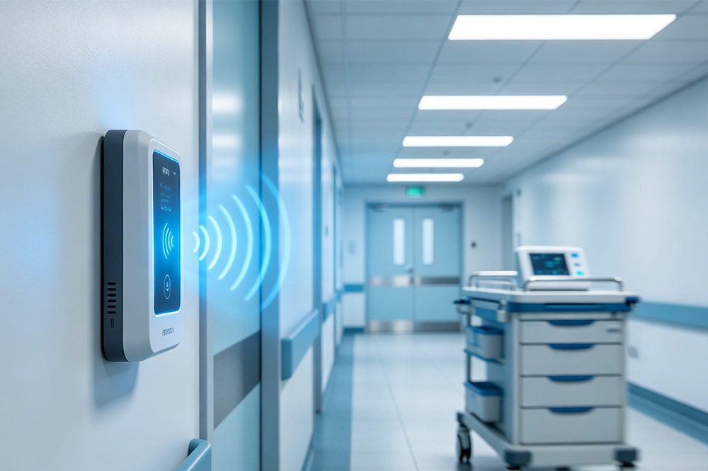 RFID system recording equipment movement in hospital corridor