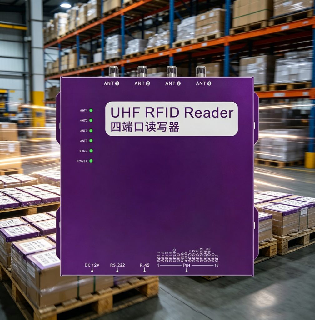 RFID reader scanning multiple tags on warehouse pallets