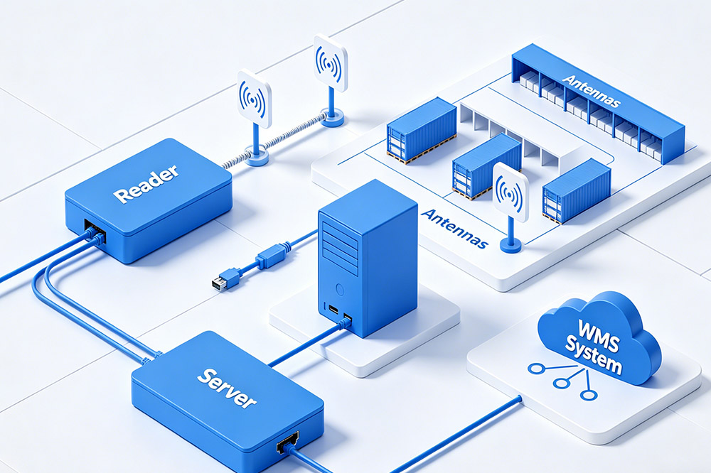 RFID system integration diagram, reader, antennas, server, WMS system