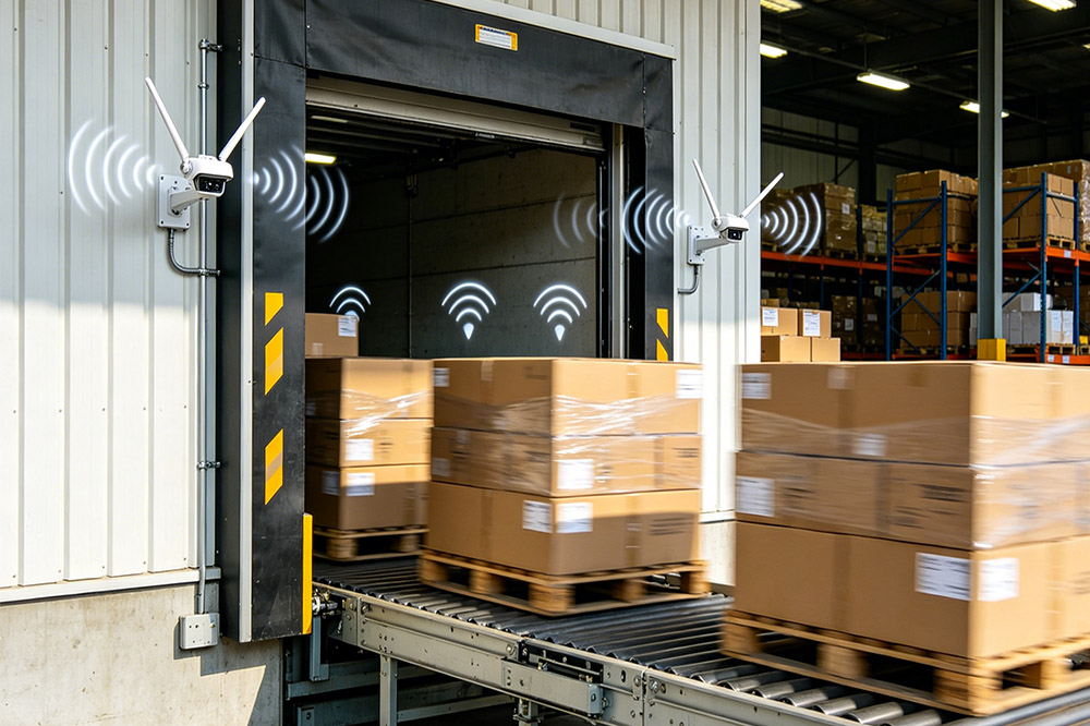 RFID dock door scanning pallets moving through warehouse entrance,