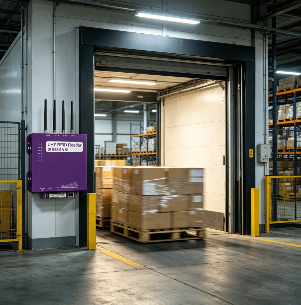 UHF RFID reader tracking pallets at warehouse entry