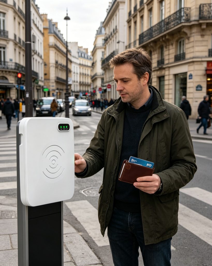 RFID blocking wallet shielding contactless cards in urban environment