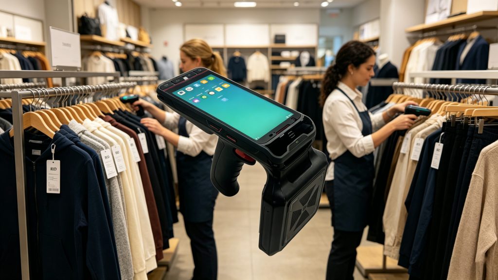 RFID reader scanning clothing tags in retail store