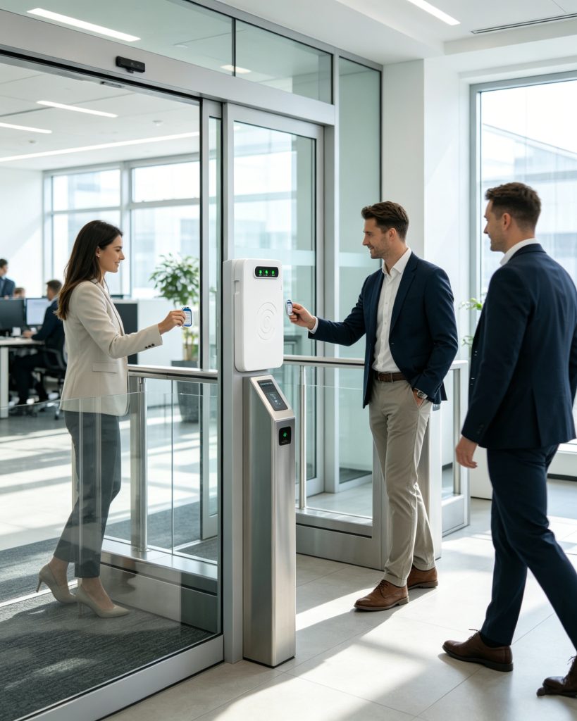 RFID access system scanning employee badge at entrance