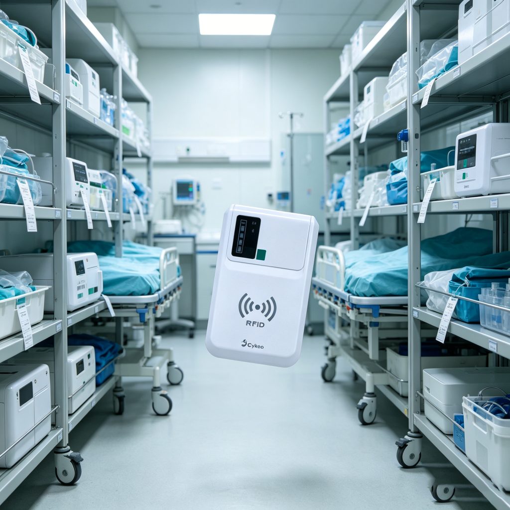 Cykeo handheld RFID reader scanning medical assets