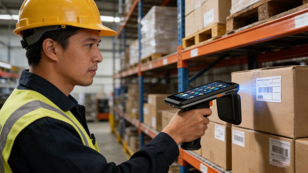 handheld rfid chip reader scanning RFID tags on warehouse shelves