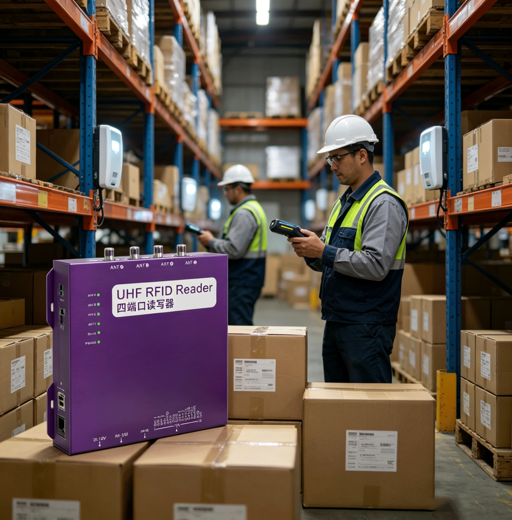 Worker using handheld RFID reader and fixed reader system