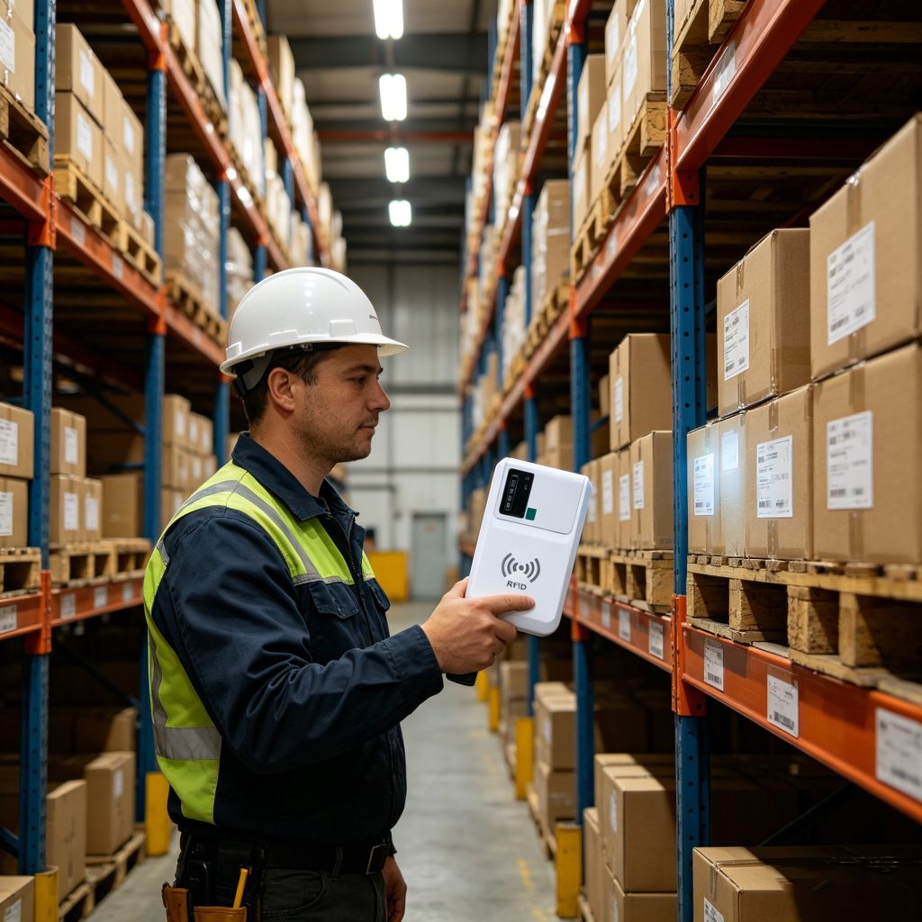 Cykeo B5L scanning RFID tags on warehouse shelves