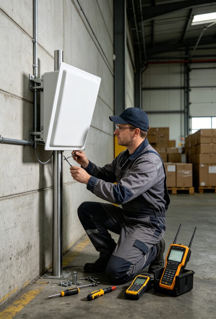 technician adjusting RFID antenna for better range