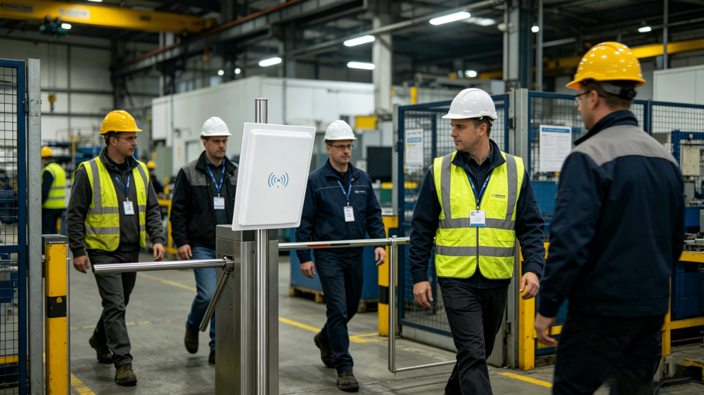 rfid employee tracking system scanning staff badges at entry