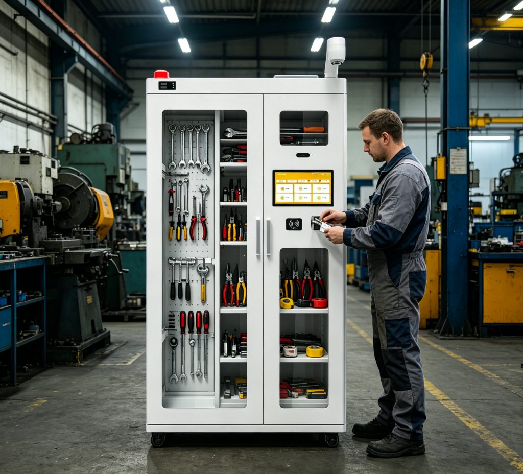 How UHF RFID Tools Cabinet Improve Asset Managment? 1 Technician using Cykeo RFID tools cabinet in industrial workshop