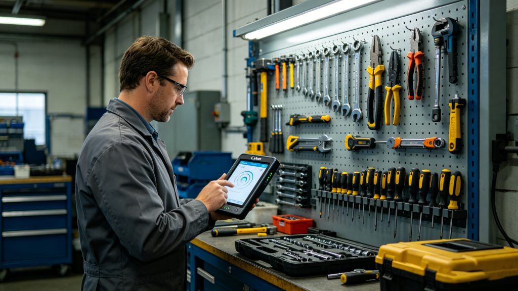 How UHF RFID Tools Cabinet Improve Asset Managment? 2 Engineer performing automated RFID tool inventory inspection