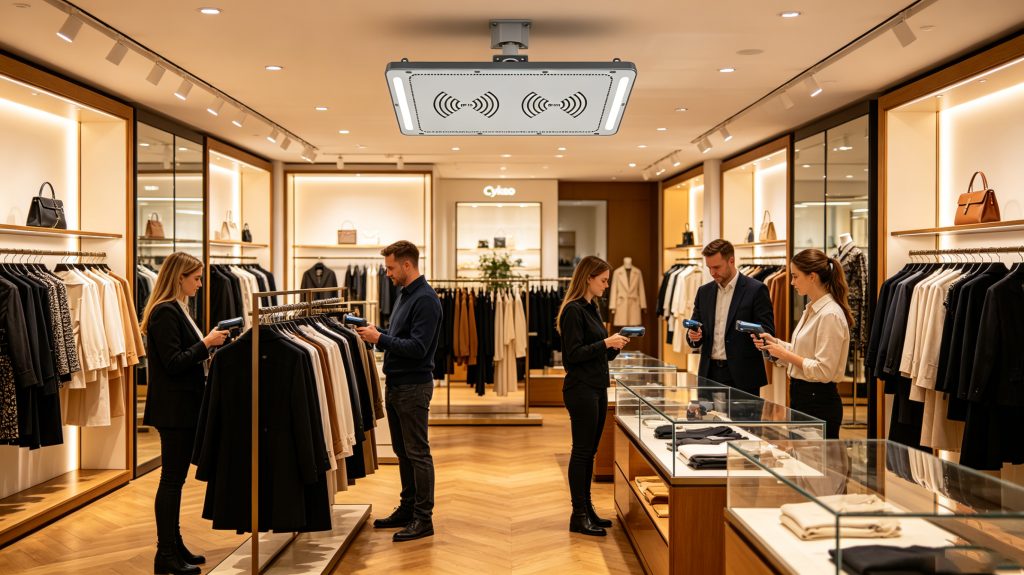 How rfid tags in retail actually work? 1 Cykeo UHF RFID retail inventory system scanning clothing products in a fashion store