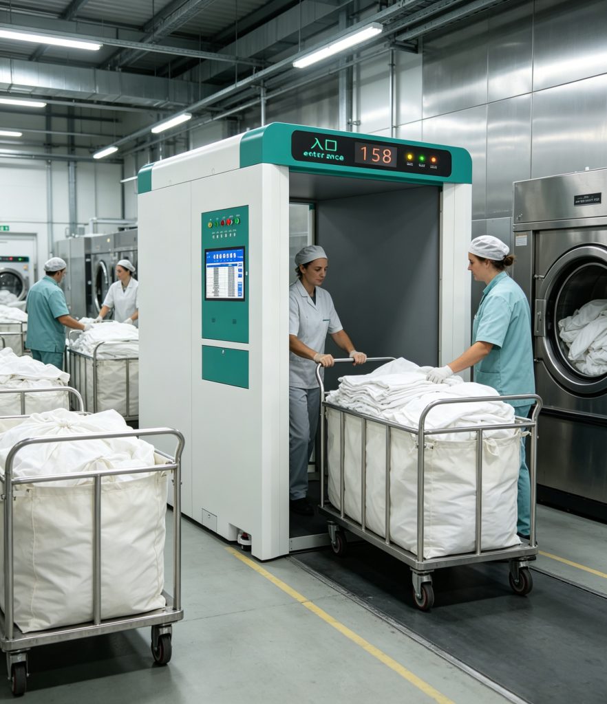 What is rfid laundry and advantage in applicaiton? 1 Cykeo UHF RFID laundry tunnel machine processing hotel linen carts automatically