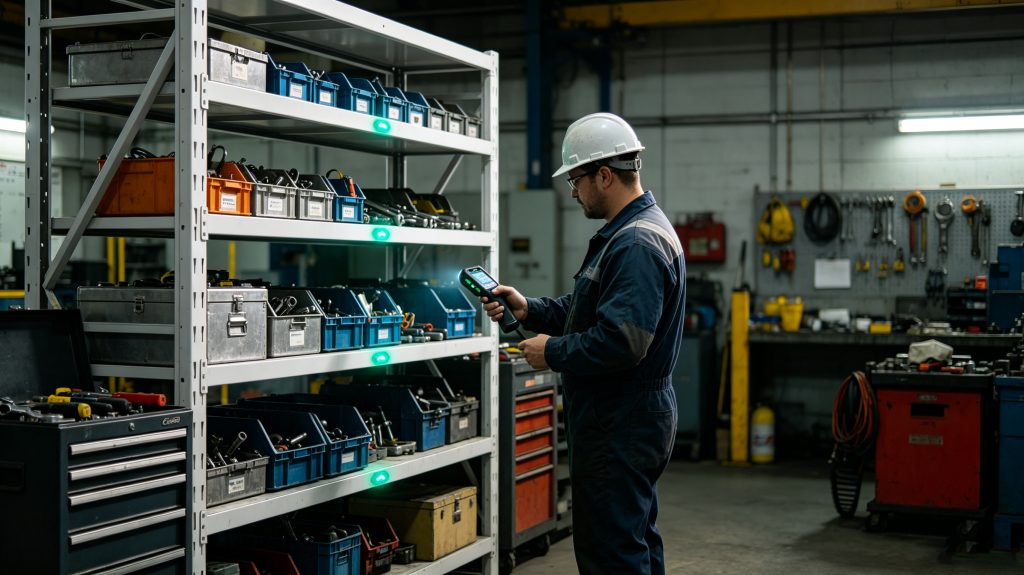 Worker using Cykeo handheld UHF RFID reader to inspect tagged maintenance tools