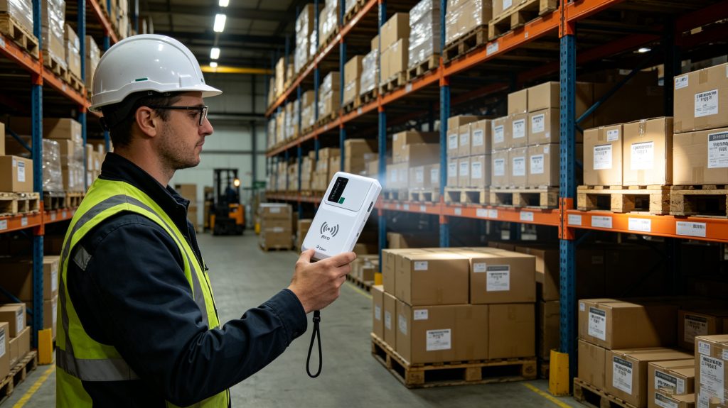 What Is UHF USB Sensor Rfid Reader And Applictions 1 Portable Cykeo CYKEO-B5L sensor RFID handheld reader scanning UHF tagged cartons in a warehouse aisle