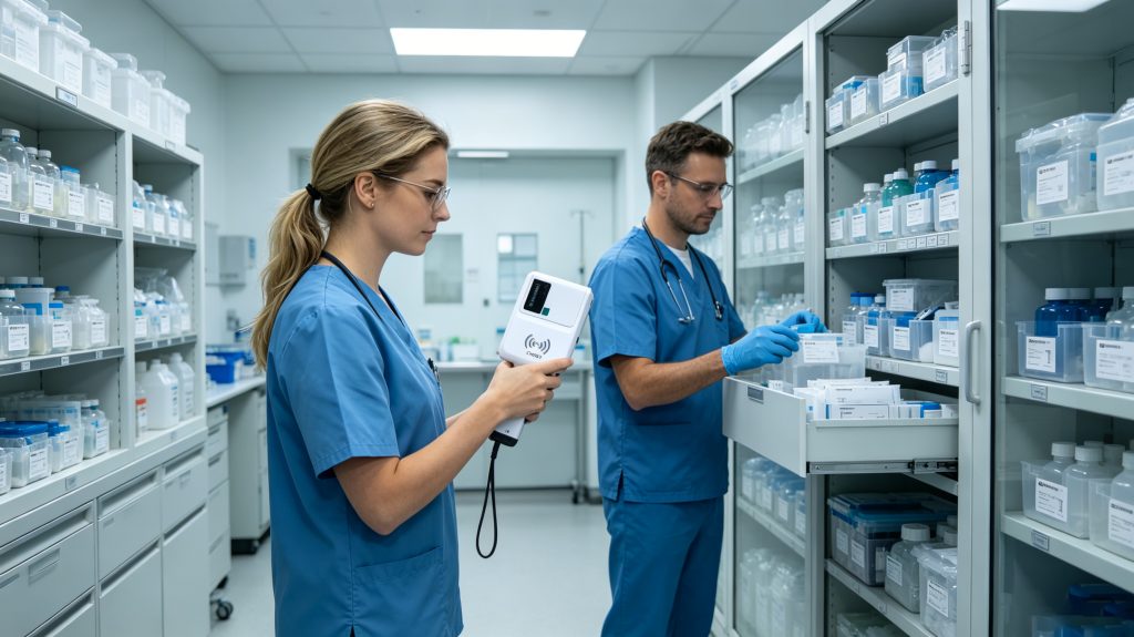 What Is UHF USB Sensor Rfid Reader And Applictions 2 Cykeo CYKEO-B5L portable UHF RFID reader tracking medical supplies in hospital storage room