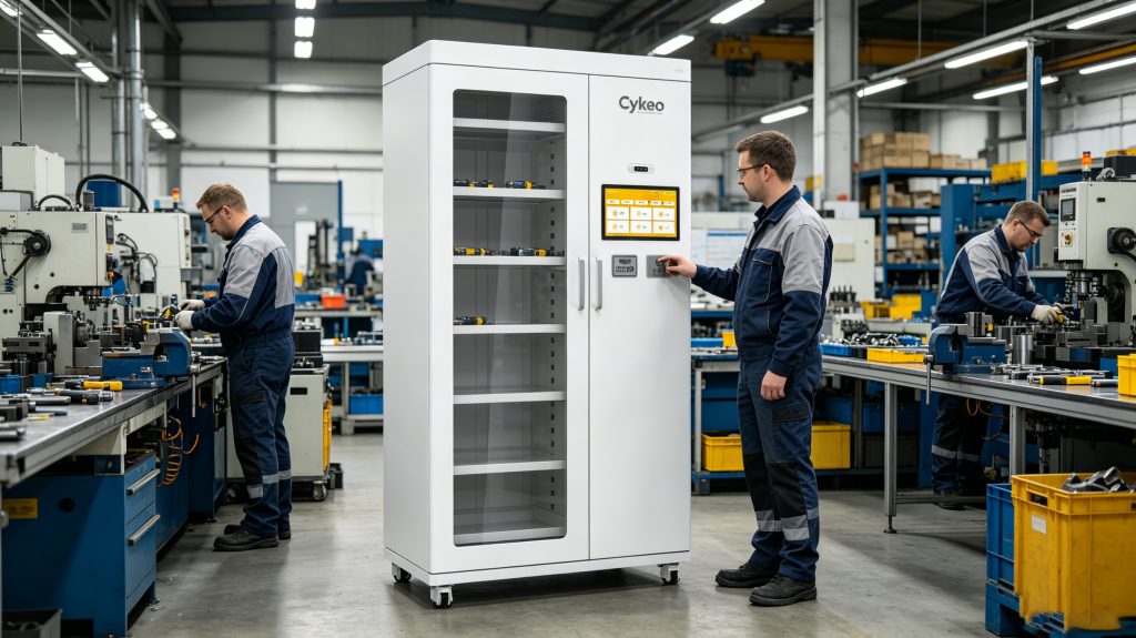 How tool tracking solution works for manufacturing 1 Cykeo ultra high frequency RFID tool cabinet used inside manufacturing workshop