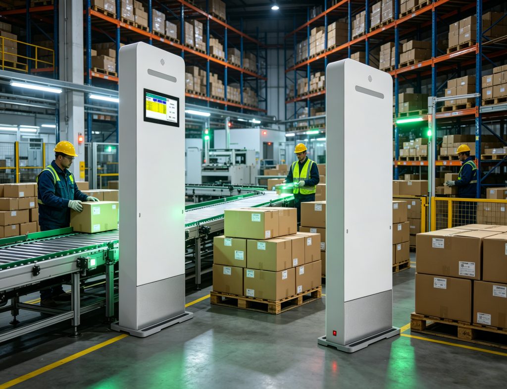 Rfid Reader Chip UHF RFID Performance Guide 1 Industrial UHF RFID reader chip system scanning tagged cartons inside a modern warehouse